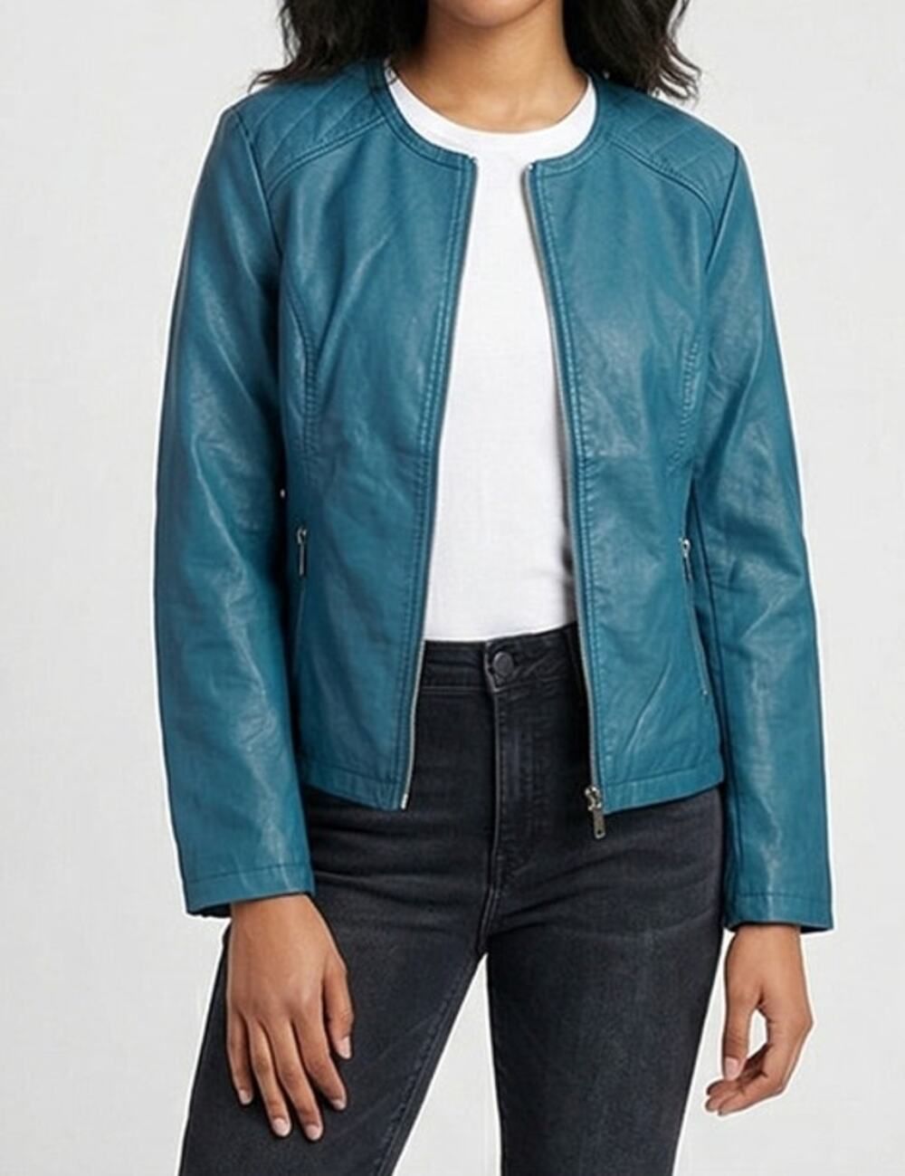 Alfani Large Faux Leather Teal Blue Full Zipper Jacket